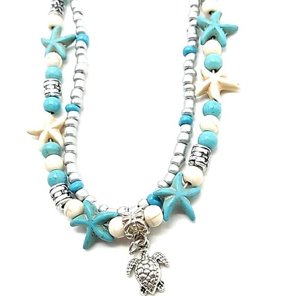 Double Strand Anklet Starfish Beaded Turtle Charm Turquoise & White NWOT - Picture 5 of 11